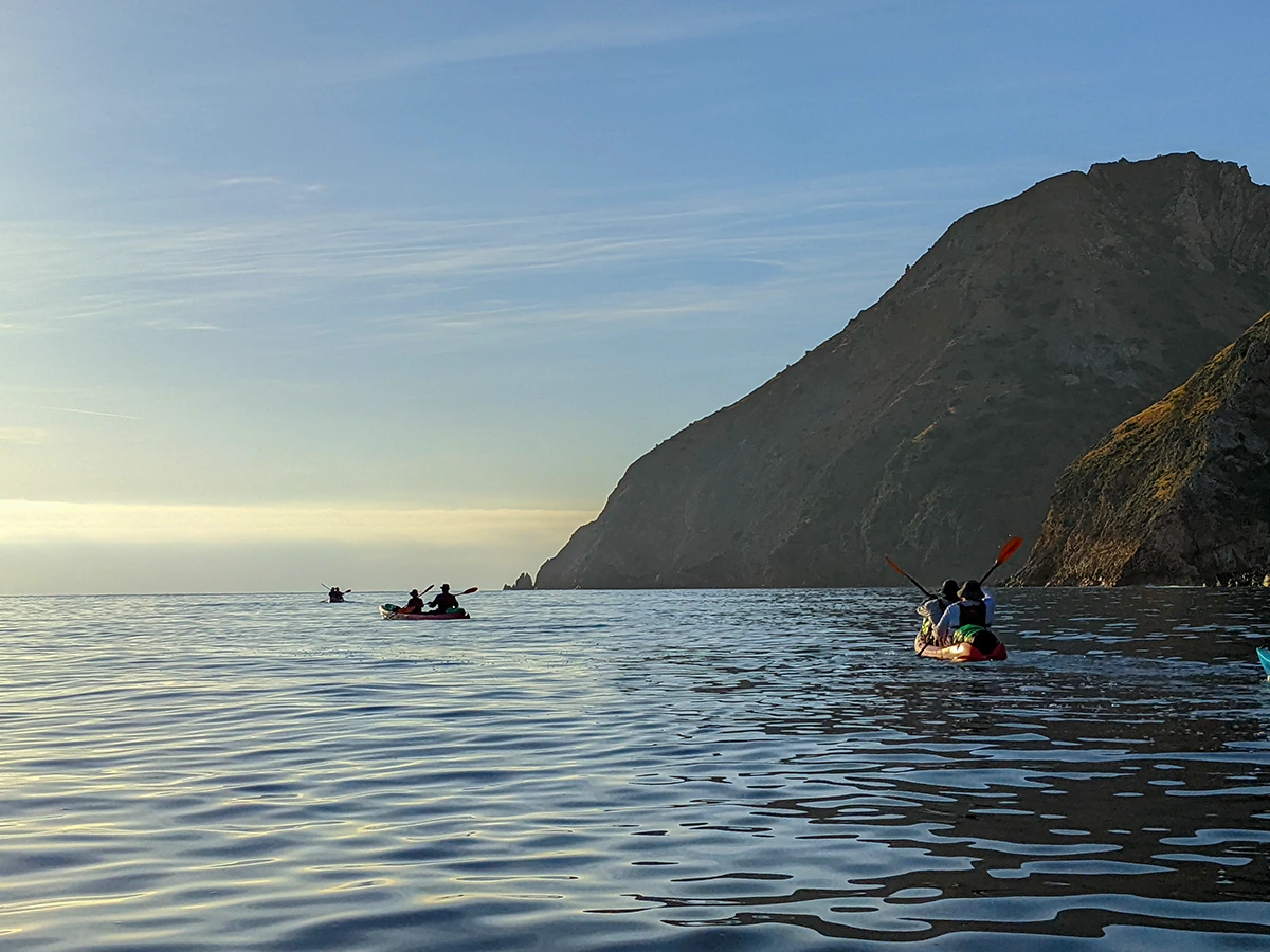 two kayaks in the ocean off the shore of Catalina Island