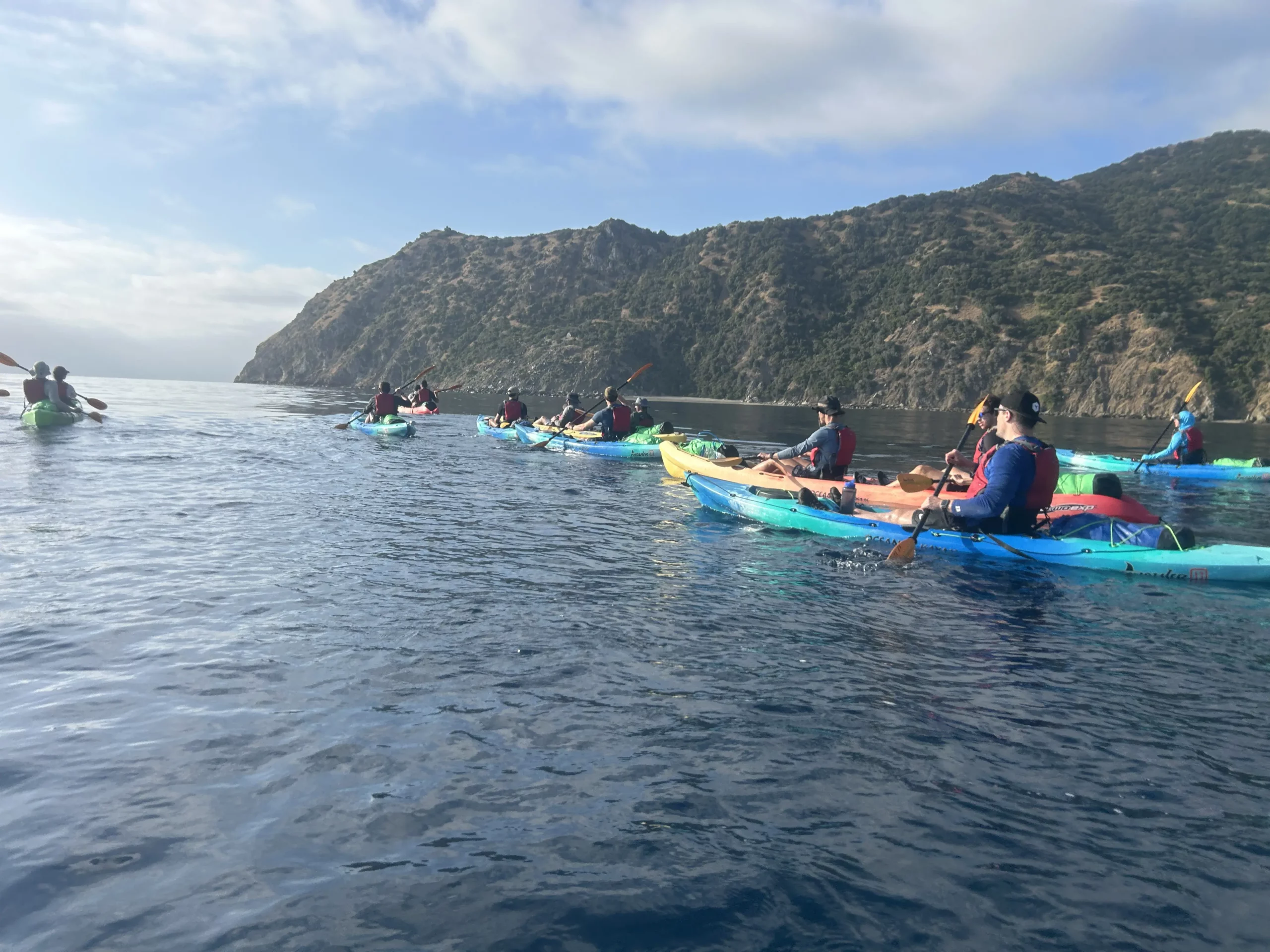 Group of kayakers paddling along a calm coastal shoreline near a rugged, mountainous island.